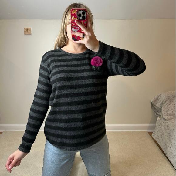 Zara: Black and Gray Striped Sweater with Floral Embroidery Patch - Picture 1 of 5